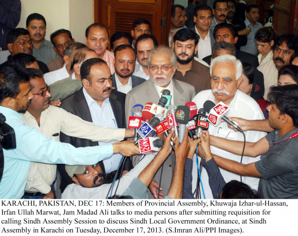 members of the opposition in the sindh assembly khwaja izharul hassan irfanullah marwat jam madad ali talk to the media outside the sindh assembly photo ppi members of the opposition in the sindh assembly khwaja izharul hassan irfanullah marwat jam madad ali talk to the media outside the sindh assembly photo ppi