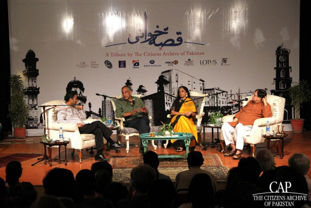 theater artists imran aslam c l sheema kermani c r and kamal ahmed rizvi r during a qissa khwani bazaar storytelling session by the citizens archive of pakistan photo citizens archive of pakistan