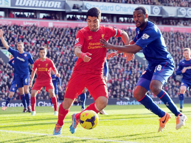 suarez took his tally to 19 league goals for the season and 21 in the league at anfield in 2013 after hitting a brace against cardiff photo afp suarez took his tally to 19 league goals for the season and 21 in the league at anfield in 2013 after hitting a brace against cardiff photo afp