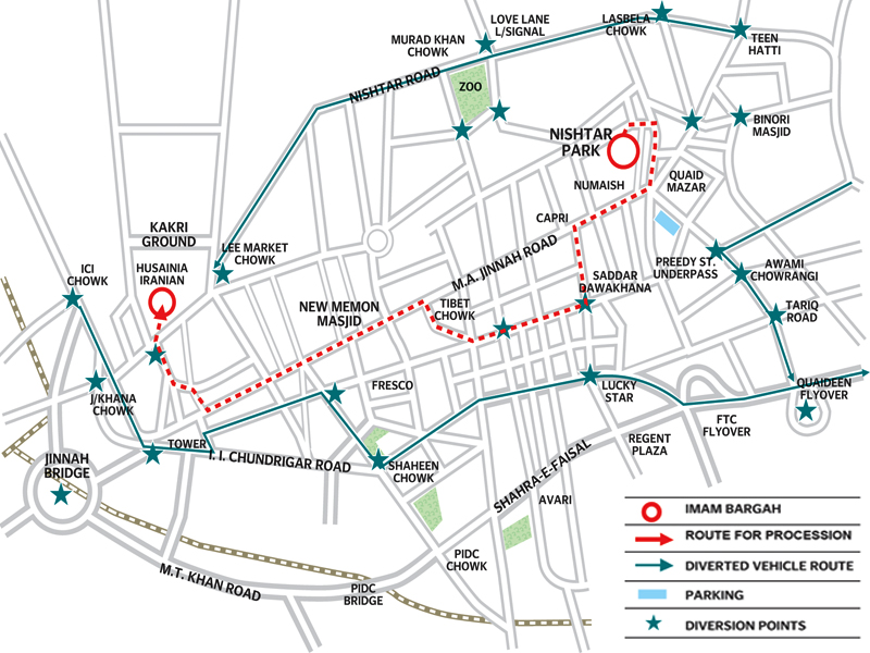 mapped out the red dotted line marks the route of the main chehlum procession for today december 24 alternative directions and diversion points are also marked on the map released by the traffic police map courtesy capital city traffic police