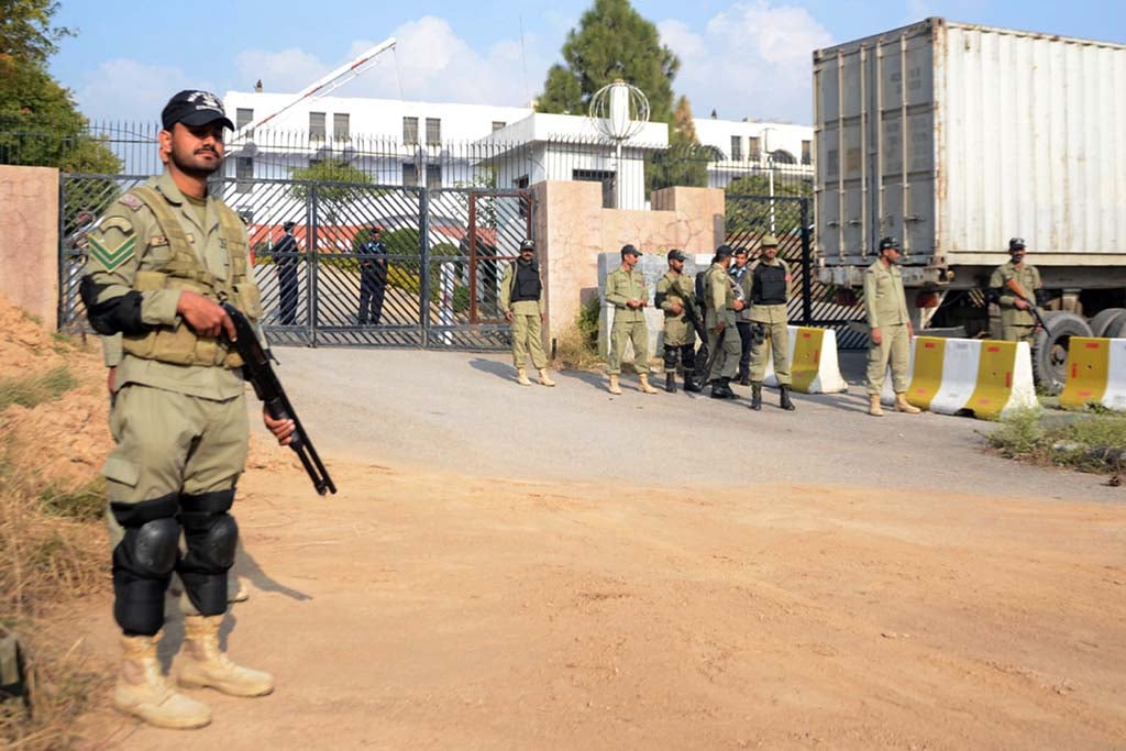 security was beefed up at the national library on tuesday morning during the hearing of treason trial of former military ruler general retd pervez musharraf photo zafar aslam express