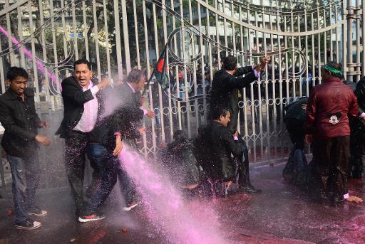 bangladeshi police use water cannon to disperse opposition supporters during a protest rally in dhaka photo afp