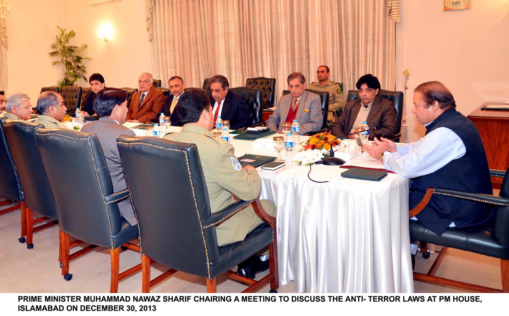 prime minister nawaz sharif r chairing the law and order meeting with interior minister chaudhry nisar 2nd r and other officials in attendance photo pid