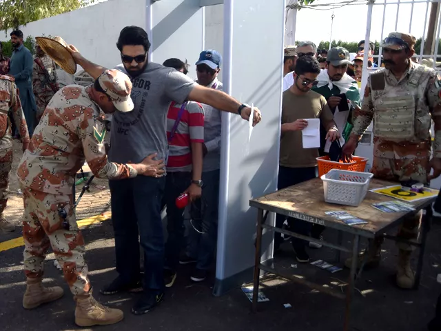 rangers personnel check cricket fans before they enter the national cricket stadium on march 25 2018 photo afp rangers personnel check cricket fans before they enter the national cricket stadium on march 25 2018 photo afp