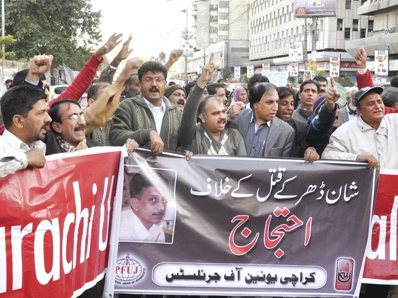 members of the journalist fraternity in karachi staged a protest outside karachi press club on thursday against the murder of journalist shan dahar he was killed in badah on new year s eve the protesters demanded the government to ensure safety and security for media persons photo athar khan express