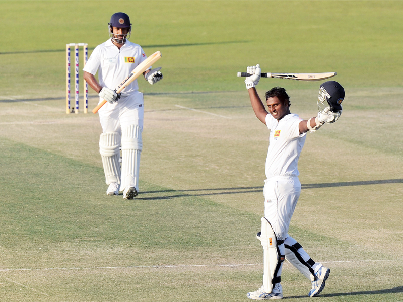 mathews notched up 116 not out under pressure for his second test hundred as sri lanka reached 420 for five at the close of play photo afp