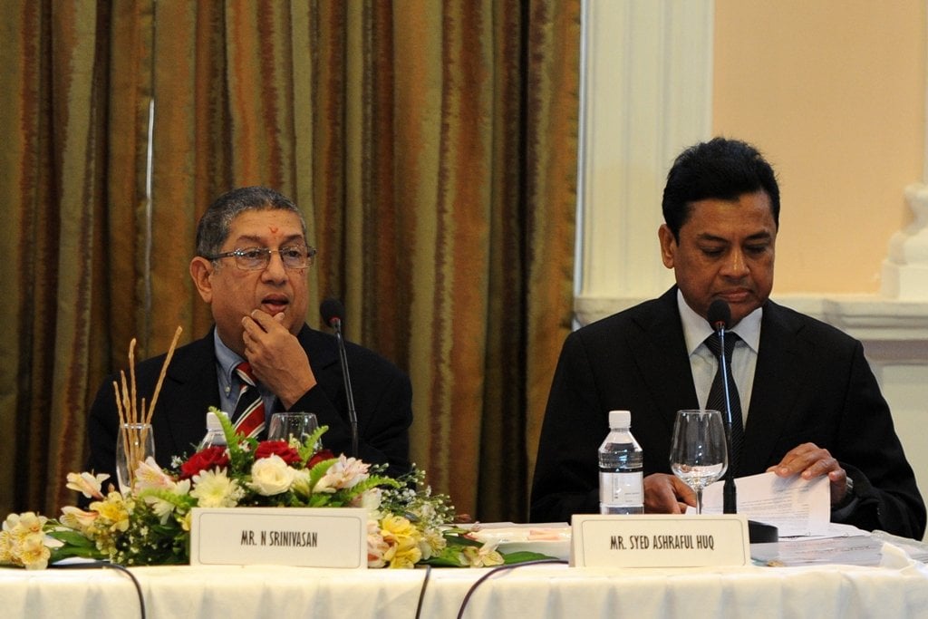 asian cricket council chairman and board of control for cricket in india bcci chief n srinivasan l chief executive of the asian cricket council syed ashraful huq r attend a asian cricket council acc meeting in colombo on january 4 2014 photo afp