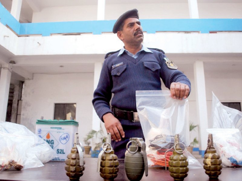 a police official shows some of the seized explosive material photo inp