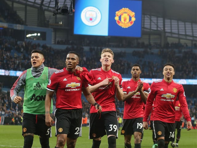 marcos rojo antonio valencia scott mctominay marcus rashford and jesse lingard of manchester united celebrate after the premier league match between manchester city and manchester united at etihad stadium on april 7 2018 in manchester england photo getty marcos rojo antonio valencia scott mctominay marcus rashford and jesse lingard of manchester united celebrate after the premier league match between manchester city and manchester united at etihad stadium on april 7 2018 in manchester england photo getty