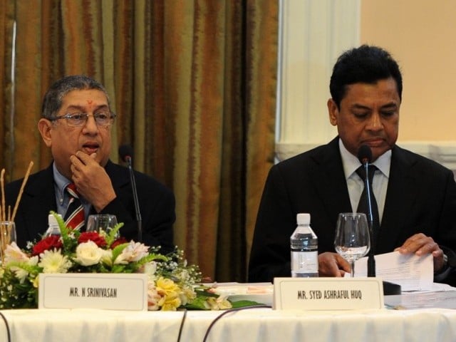 asian cricket council chairman and board of control for cricket in india bcci chief n srinivasan l chief executive of the asian cricket council syed ashraful huq r attend a asian cricket council acc meeting in colombo on january 4 2014 photo afp