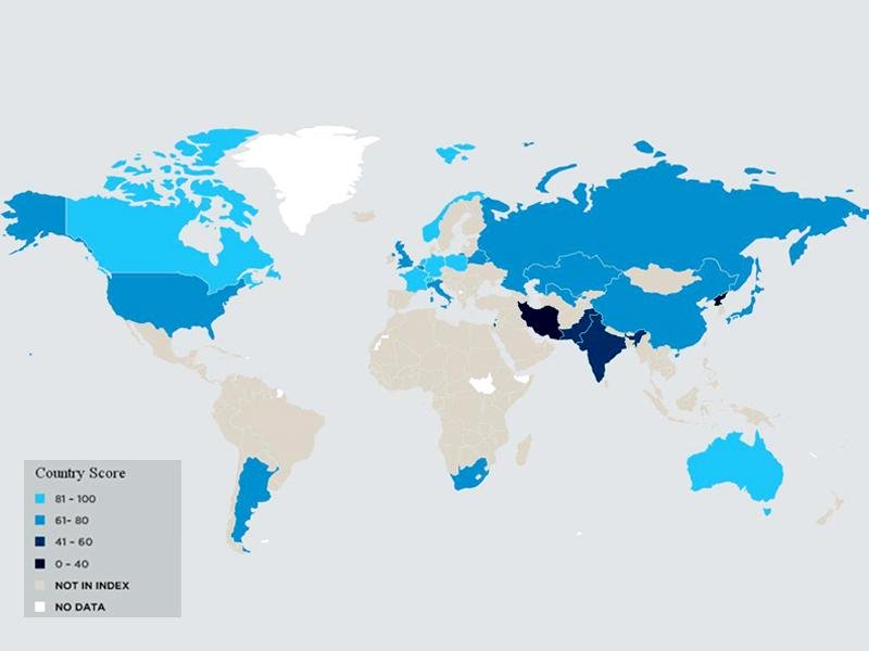 a map depicting the overall score of 25 countries in terms of security of nuclear materials image source ntiindex org