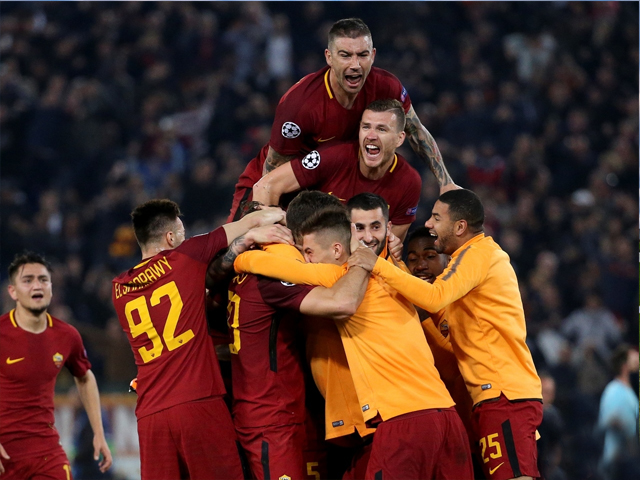 aleksandar kolarov edin dzeko of as roma and teammates celebrate the qualification for the semis following the uefa champions league quarter final second leg match between as roma and fc barcelona barca at stadio olimpico on april 10 2018 in rome italy photo getty