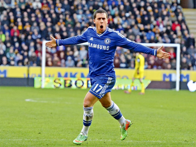 hazard feinted to shoot jinked to the right and drilled a low shot into the corner of the net from the edge of the box for his goal photo afp hazard feinted to shoot jinked to the right and drilled a low shot into the corner of the net from the edge of the box for his goal photo afp