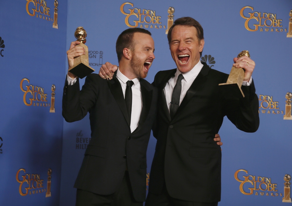 bryan cranston r and aaron paul l of breaking bad at the awards photo reuters