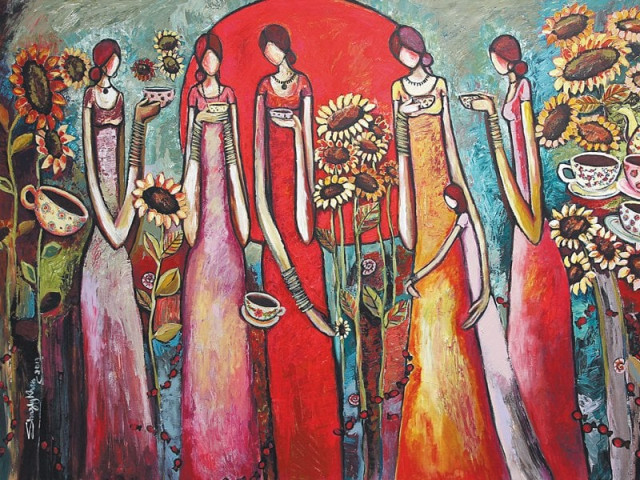 my tea party in paradise is one of shazly khan s most prominent works her works focus on human relationships feminism and fertility photo courtesy artist my tea party in paradise is one of shazly khan s most prominent works her works focus on human relationships feminism and fertility photo courtesy artist