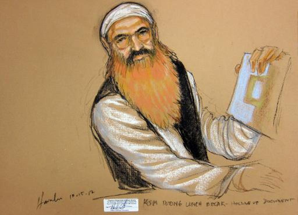 a courtroom sketch of the self proclaimed 9 11 mastermind khalid sheikh mohammed at his military commissions hearing on october 15 2012 in guantanamo bay cuba photo afp