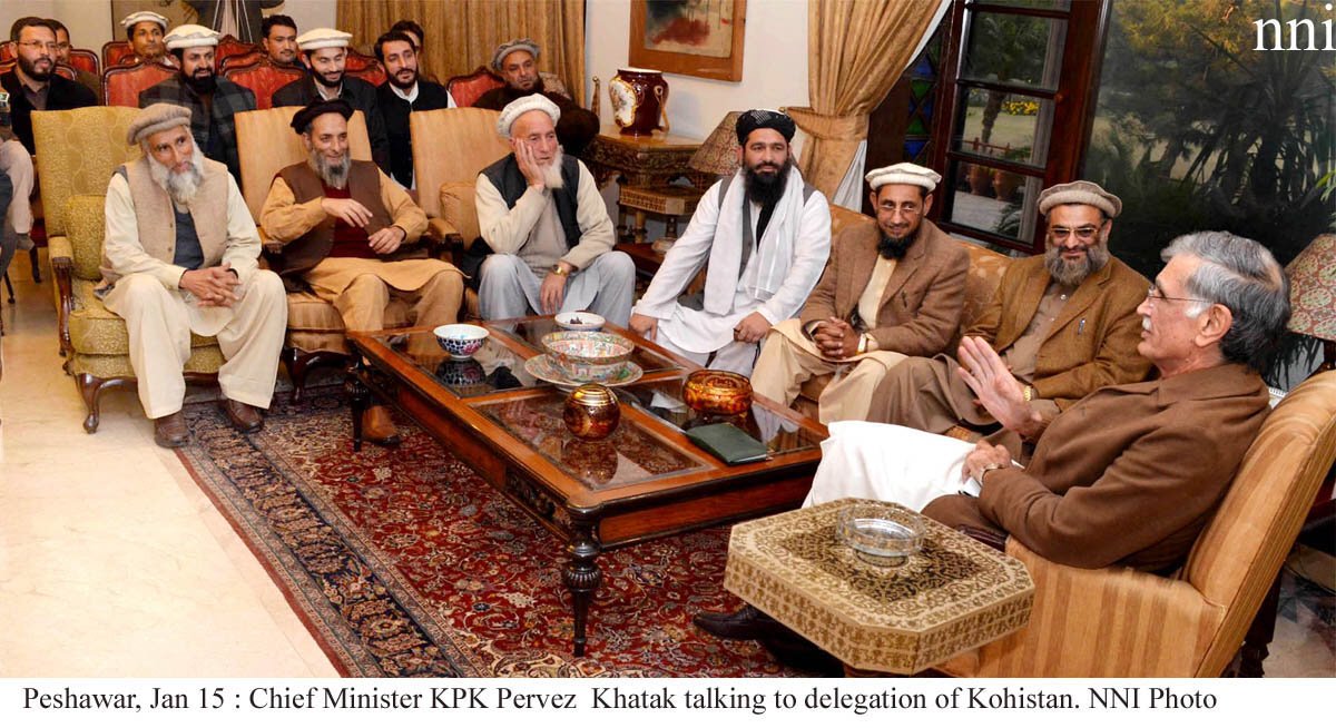 khyber pakhtunkhwa chief minister pervez khattak r speaking to a delegation from kohistan on wednesday photo nni