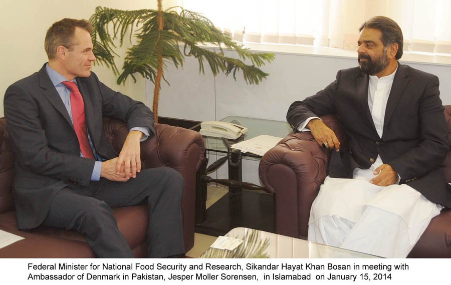 federal minister for national food security and research mnfsr sikandar hayat khan bosan in a meeting with ambassador of denmark jesper moller sorensen in islamabad on january 15 2014 photo pid