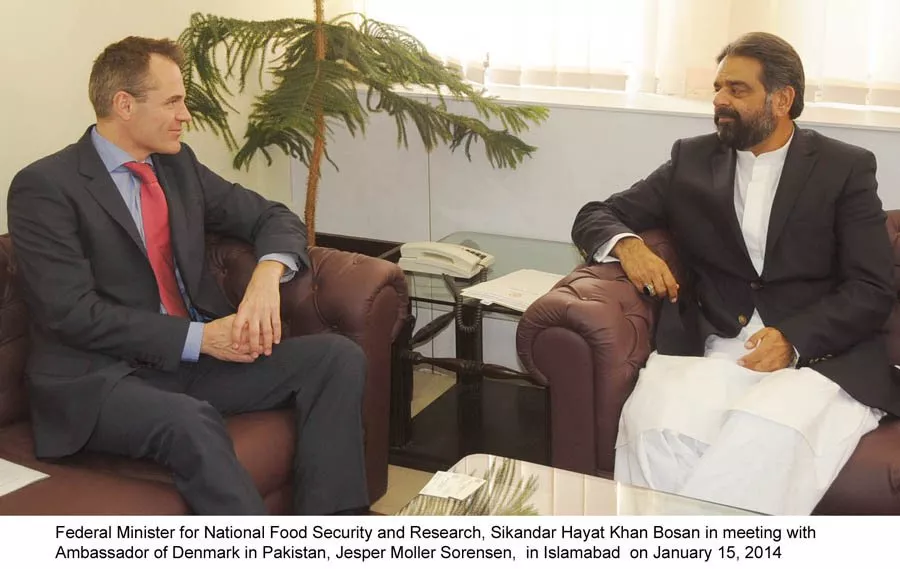 federal minister for national food security and research mnfsr sikandar hayat khan bosan in a meeting with ambassador of denmark jesper moller sorensen in islamabad on january 15 2014 photo pid federal minister for national food security and research mnfsr sikandar hayat khan bosan in a meeting with ambassador of denmark jesper moller sorensen in islamabad on january 15 2014 photo pid