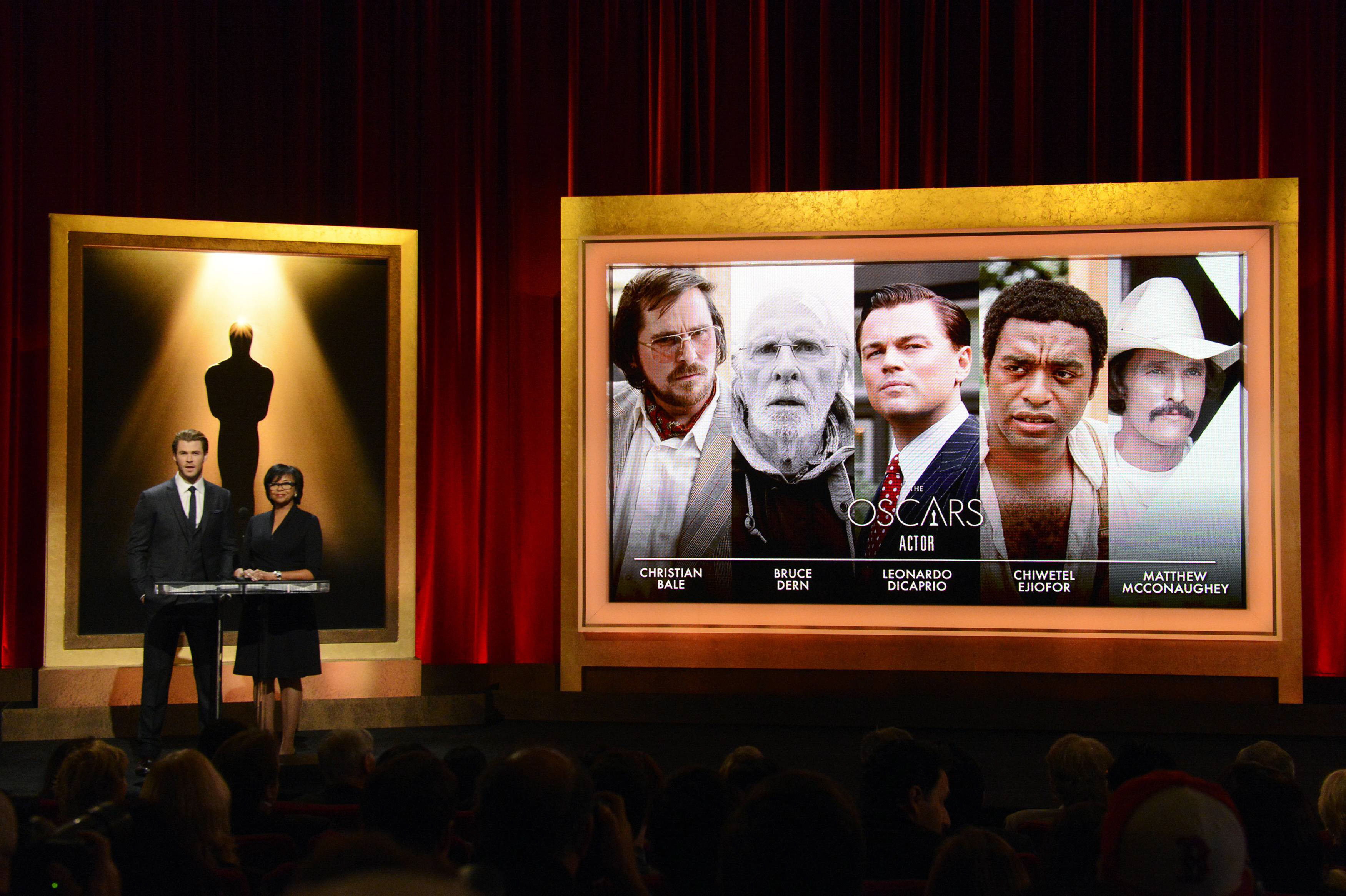 actor chris hemsworth l and academy of motion picture arts and sciences president cheryl boone isaacs announce the nominees for the 86th academy awards in beverly hills california january 16 2014 photo reuters