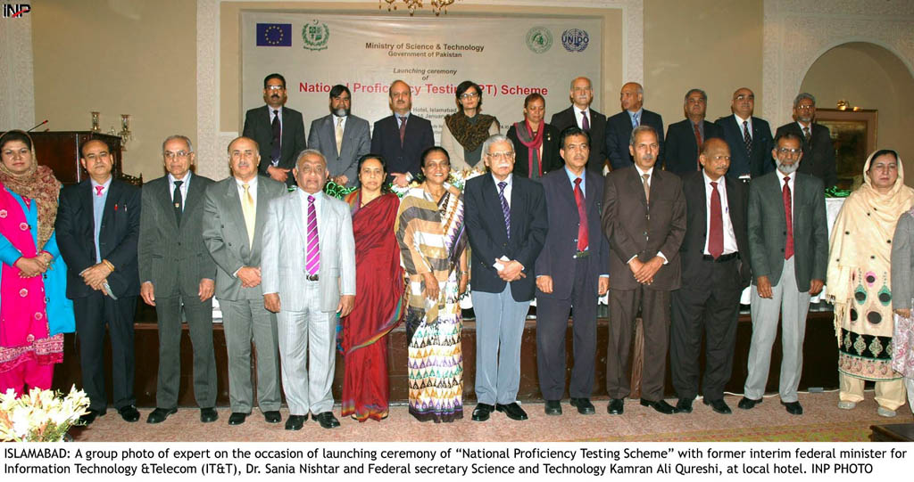 group photo of experts on the occasion of launching ceremony of national proficiency testing scheme at a local hotel in islamabad photo inp