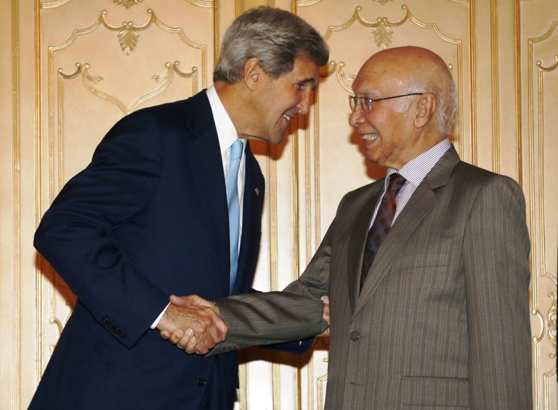 us secretary of state john kerry l meets with foreign affairs advisor sartaj aziz r in islamabad august 1 2013 they are set to meet in washington on january 27 photo reuters file