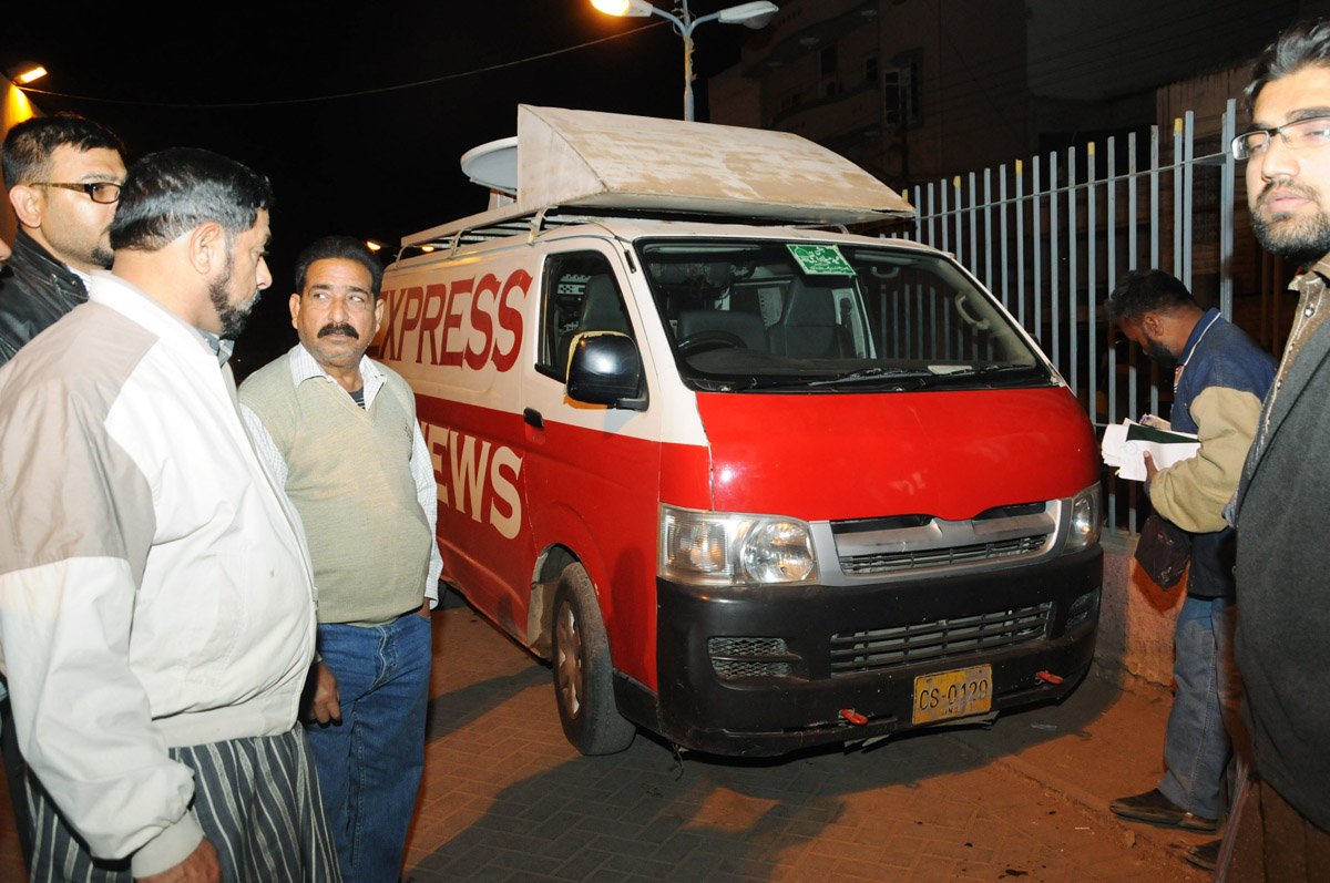 the digital satellite news gathering dsng of express news in which three men were killed in the attack photo mohammad noman express