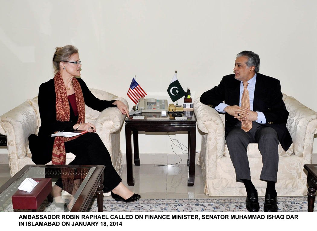 finance minister ishaq dar r in a meeting with robin raphael of the us in islamabad on saturday photo pid