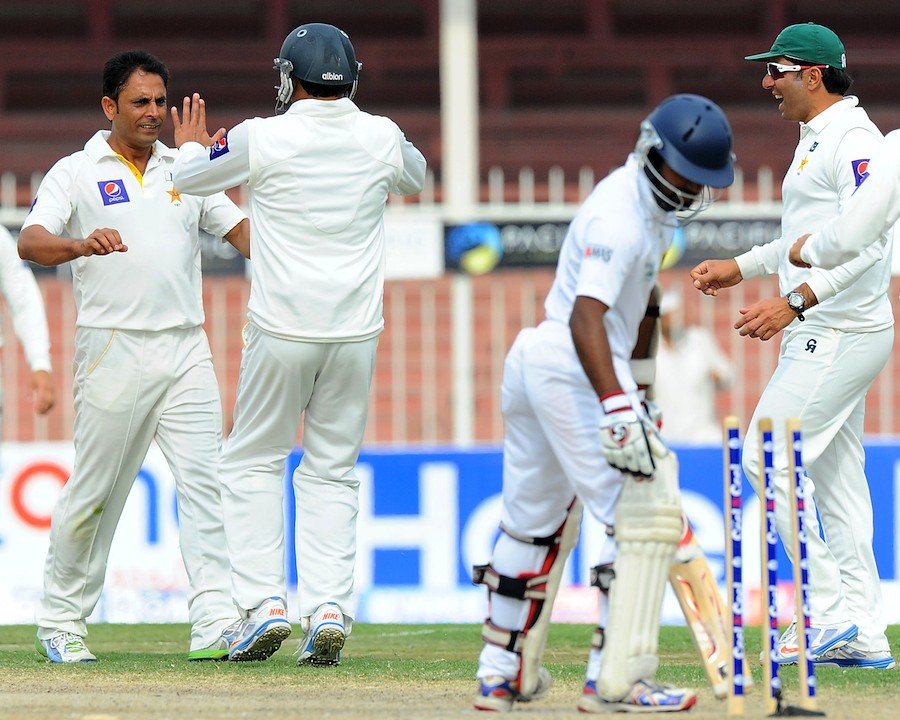 abdur rehman bowls off kaushal silva during fourth day 039 s play photo afp