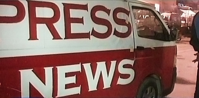 the digital satellite news gathering dsng of express news in which three men were killed in the attack photo express the digital satellite news gathering dsng of express news in which three men were killed in the attack photo express