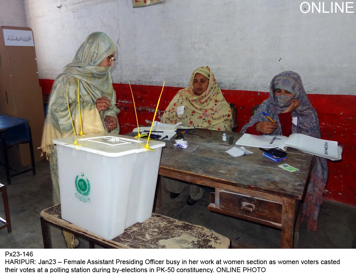 a woman casts her vote in haripur on thursday during by elections for pk 50 photo online