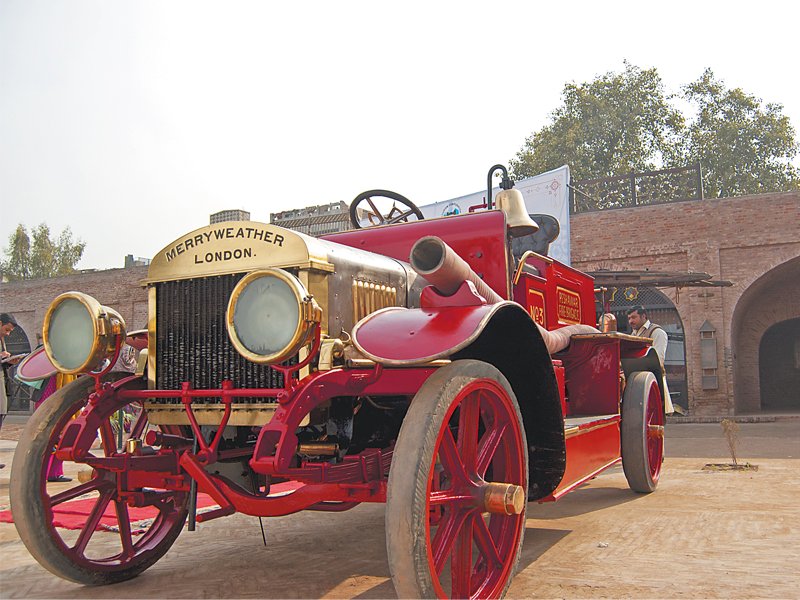 the fire engines one from 1918 and the other from 1921 are now on display at an event arranged by the provincial tourism corporation in collaboration with the frontier heritage trust and sarhad conservation council in gor gathri photos halima mansoor express