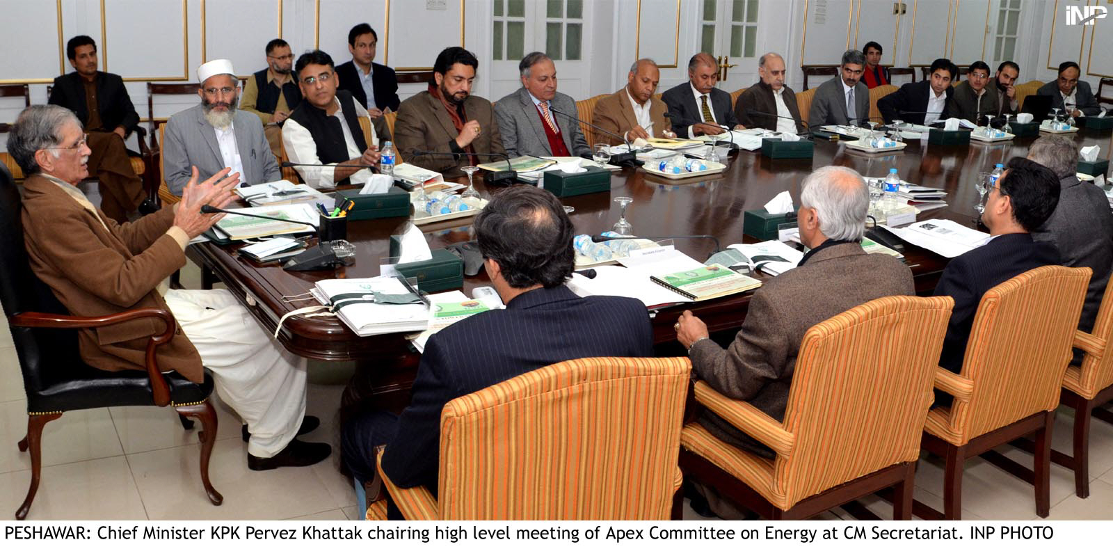 khyber pakhtunkhwa chief minister pervez khattak along with senior members of k p government and pti during the apex committee photo inp