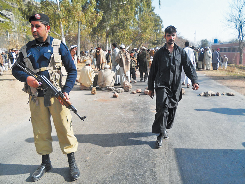 the protest continued for several hours which left vehicles stranded on kohat hangu road photo online