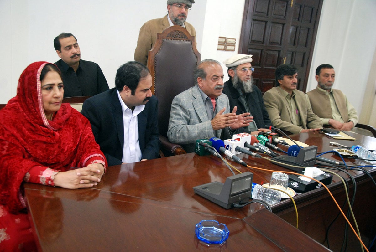 leader of the opposition in khyber pakhtunkhwa assembly sardar mehtab addressing a press conference on wednesday photo sameer raziq express