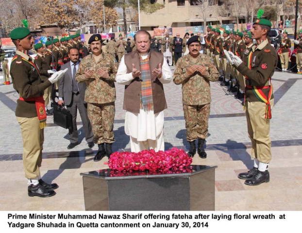 prime minister offering fateha after laying floral wreath at yadgar e shuhada in quetta cantonment on january 30 2014 photo pid prime minister offering fateha after laying floral wreath at yadgar e shuhada in quetta cantonment on january 30 2014 photo pid