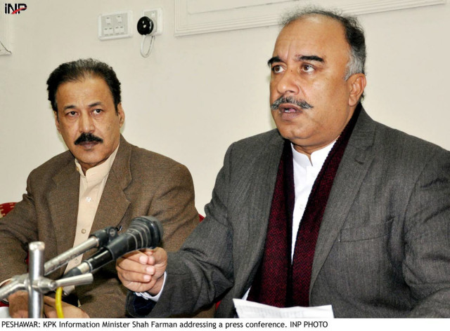 k p information minister shah farman addressing a press conference on saturday photo inp k p information minister shah farman addressing a press conference on saturday photo inp