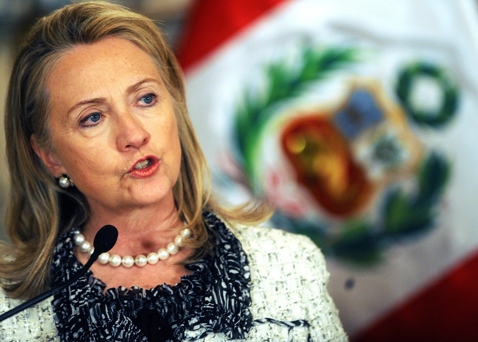 hilary clinton speaks during a joint press conference with peruvian president ollanta humala not in frame at the government palace in lima on october 15 2012 photo afp