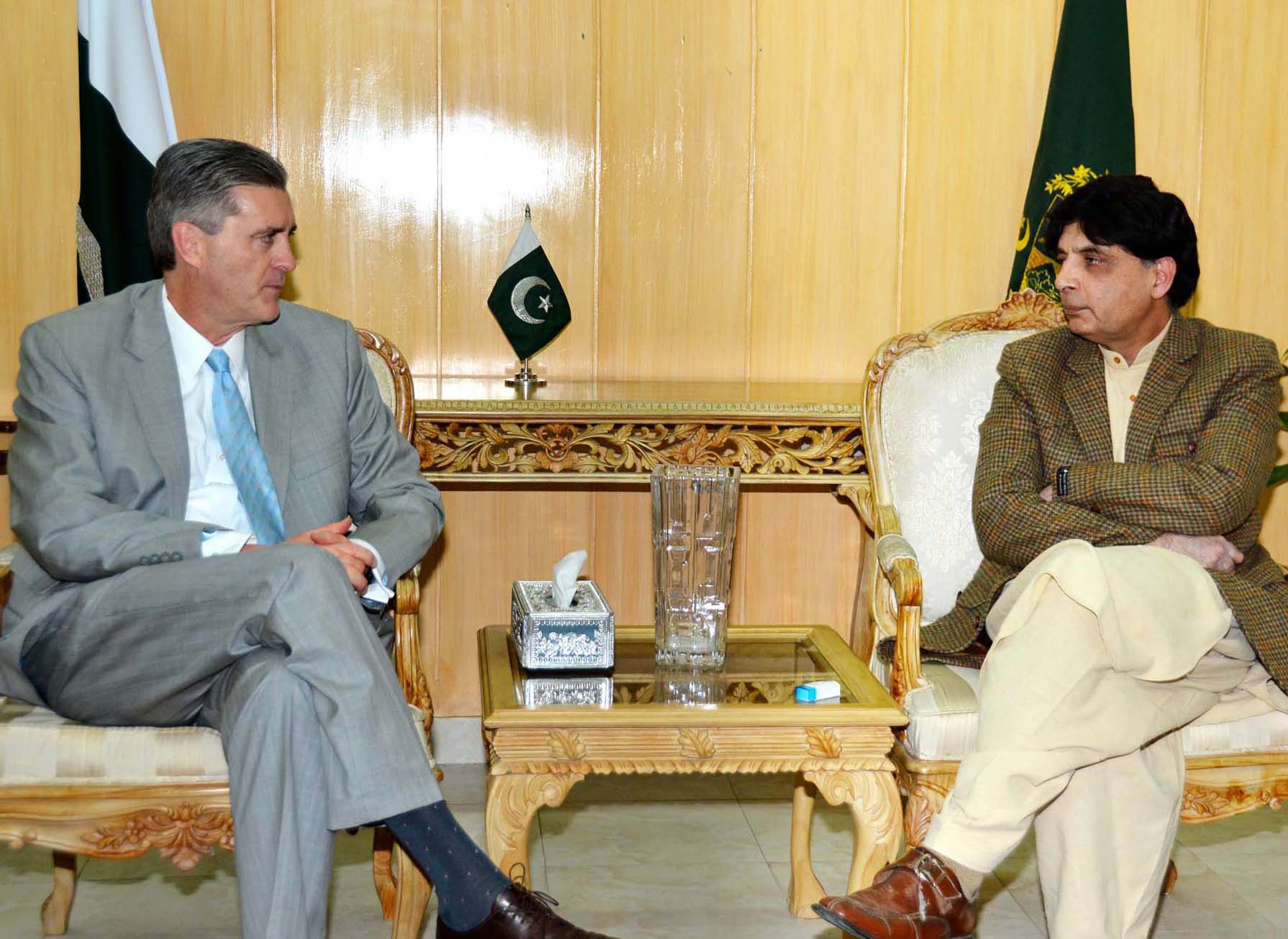 interior minister chaudhry nisar ali khan r in a meeting with us ambassador richard olson l on monday photo pid