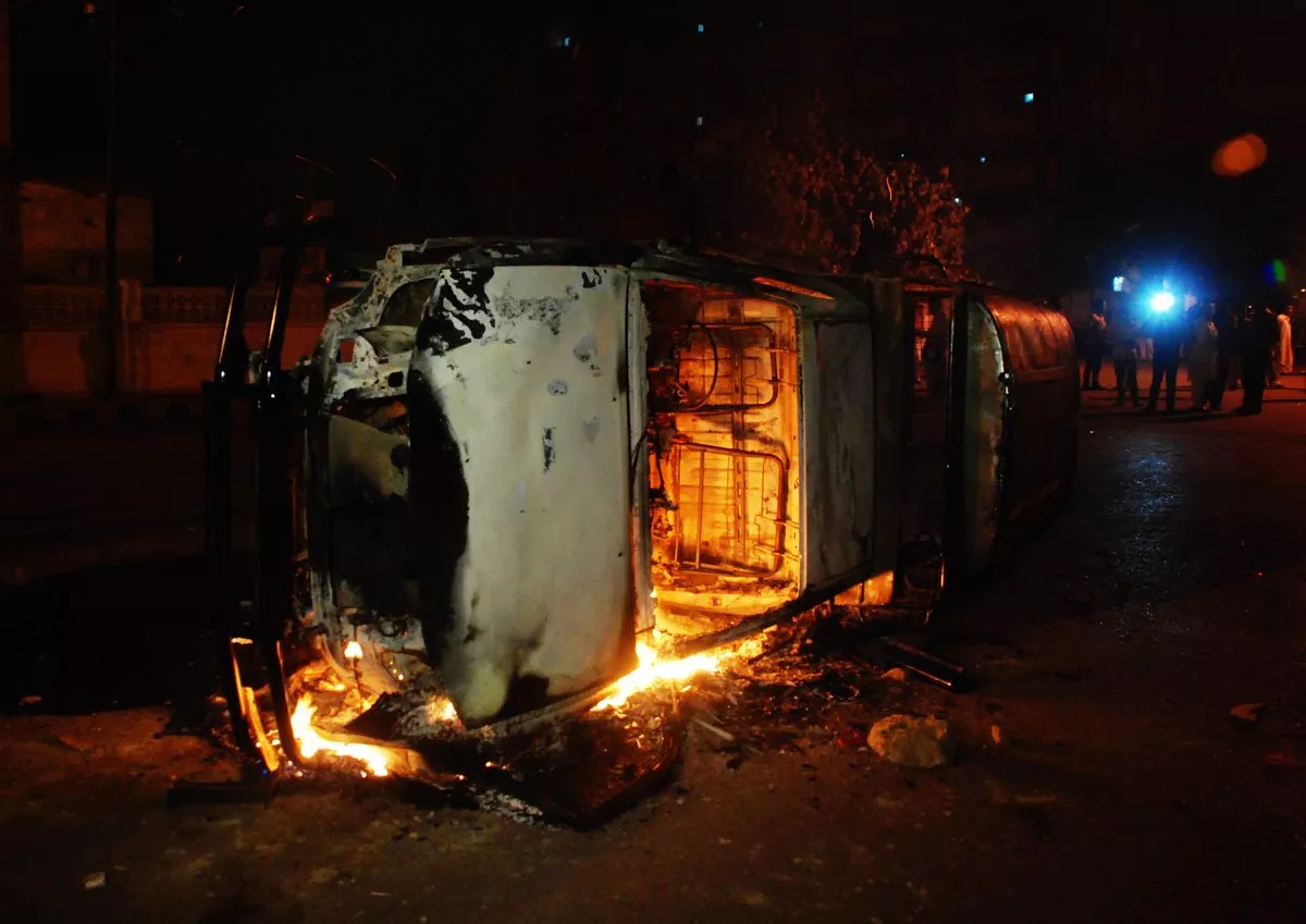 a vehicle of security forces burns in soldier bazaar after unrest in the city led to rioting in some parts photo mohammad noman express a vehicle of security forces burns in soldier bazaar after unrest in the city led to rioting in some parts photo mohammad noman express