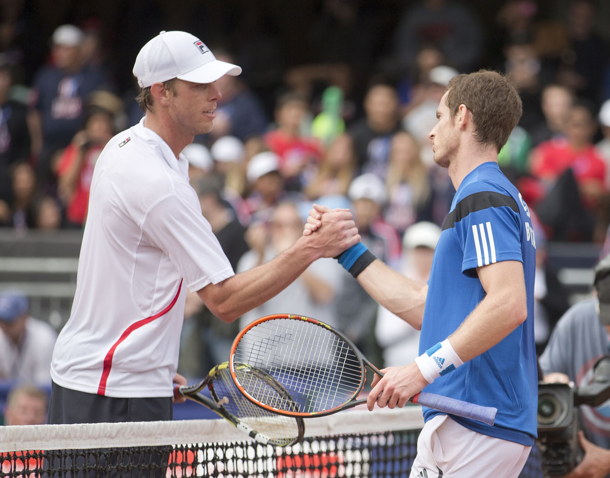 andy murray gbr shakes hands at the net with sam querrey usa after their match in the usa vs gbr davis cup tie at petco park photo usa today
