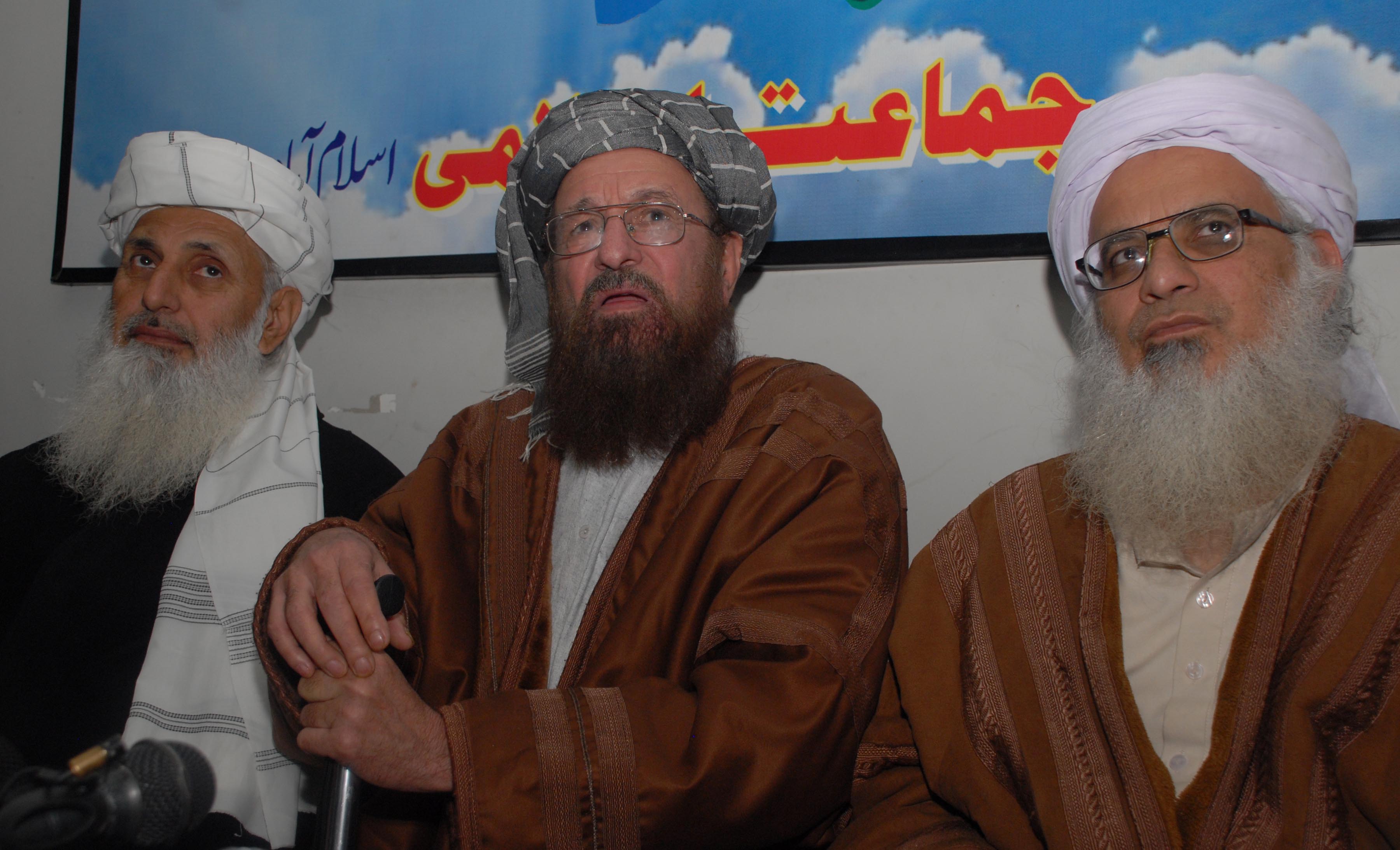 maulana samiul haq with maulana abdul aziz and ibrahim khan during the press conference photo muhammad javaid express