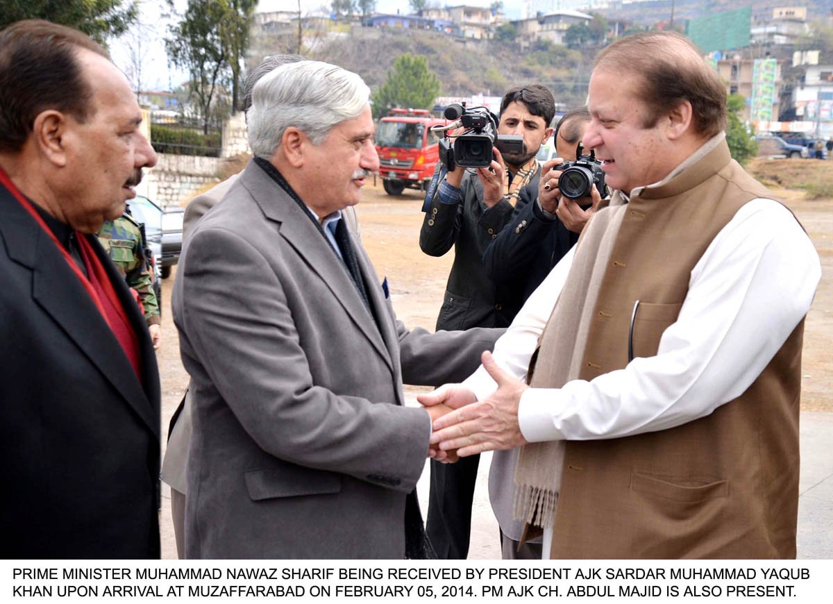 prime minister nawaz sharif r greets president of azad jammu and kashmir muhammad yaqub khan c along with ajk premier chaudhry abdul majid l in muzaffarabad photo pid