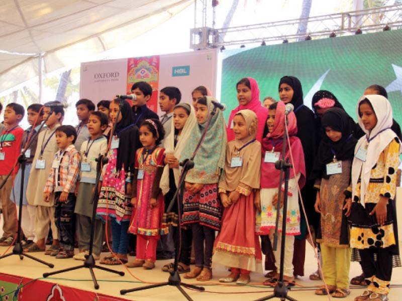 the fifth karachi literature festival started on friday at the beach luxury hotel with the recitation of the national anthem by the children from the citizens education development foundation photo ayesha mir express