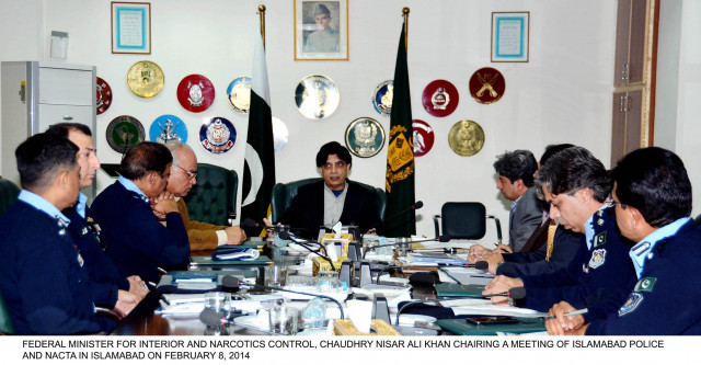interior minister chaudhry nisar ali khan chairs a meeting of security officials on saturday photo pid