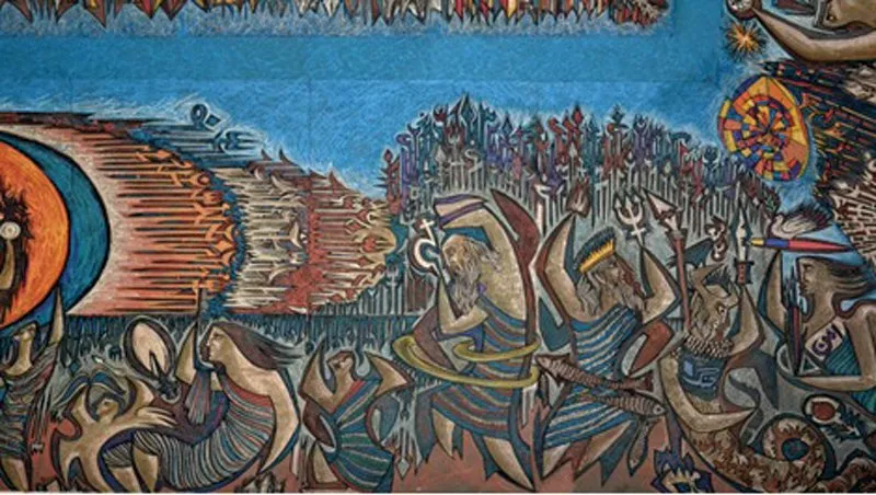 the symbolisms continue in first panel with the greek pantheon arranged in the north side zeus and poseidon have mangoes and fish at their feet both symbols of fertility and are strongly associated with amroha where sadequain was born and spent his youth the presence of a pen poised like a spear is a recurring theme in sadequain s paintings in which evil is vanquished by the pen the symbolisms continue in first panel with the greek pantheon arranged in the north side zeus and poseidon have mangoes and fish at their feet both symbols of fertility and are strongly associated with amroha where sadequain was born and spent his youth the presence of a pen poised like a spear is a recurring theme in sadequain s paintings in which evil is vanquished by the pen