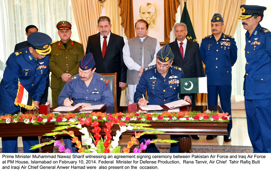 prime minister nawaz sharif witnessing an agreement signing between pakistan air force and iraq air force at pm house on monday february 10 2014 photo pid