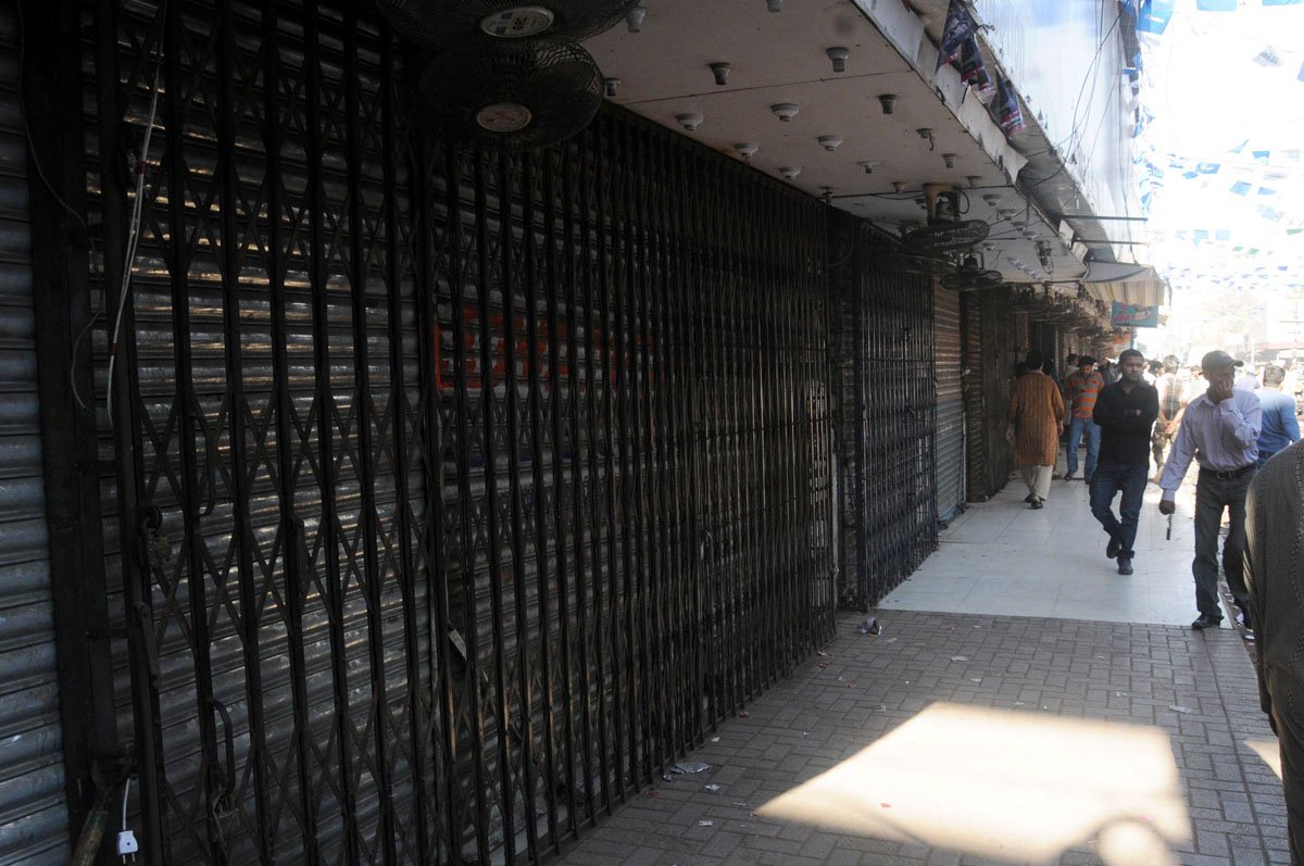 shops in saddar closed after the target killing of a trader on monday photo mohammad azeem express