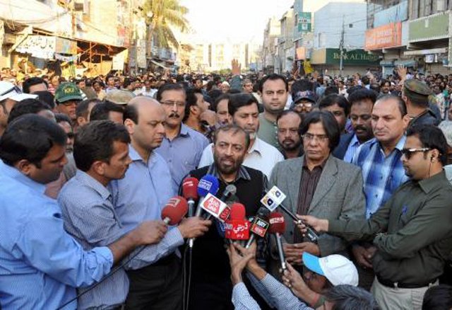 mqm leader farooq sattar speaking to the media at the funeral of the mqm worker muhammad adil photo mqm