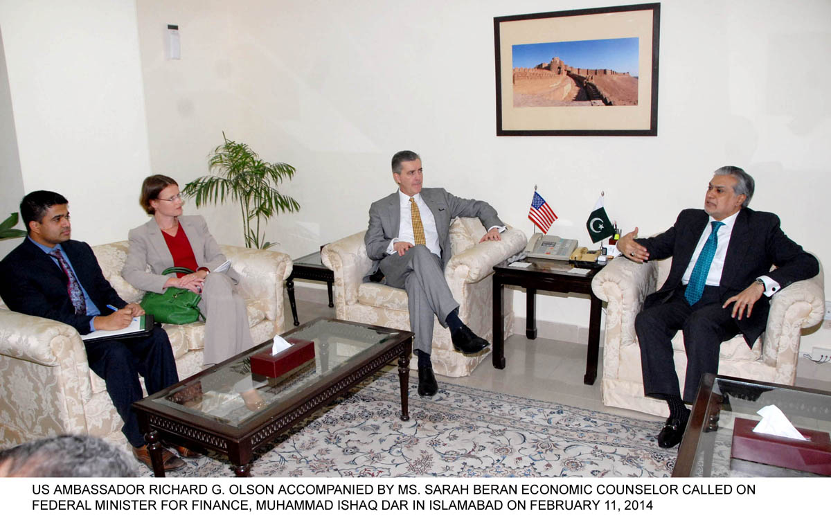 finance minister ishaq dar r in a meeting with us ambassador richard olson l in islamabad on tuesday photo pid